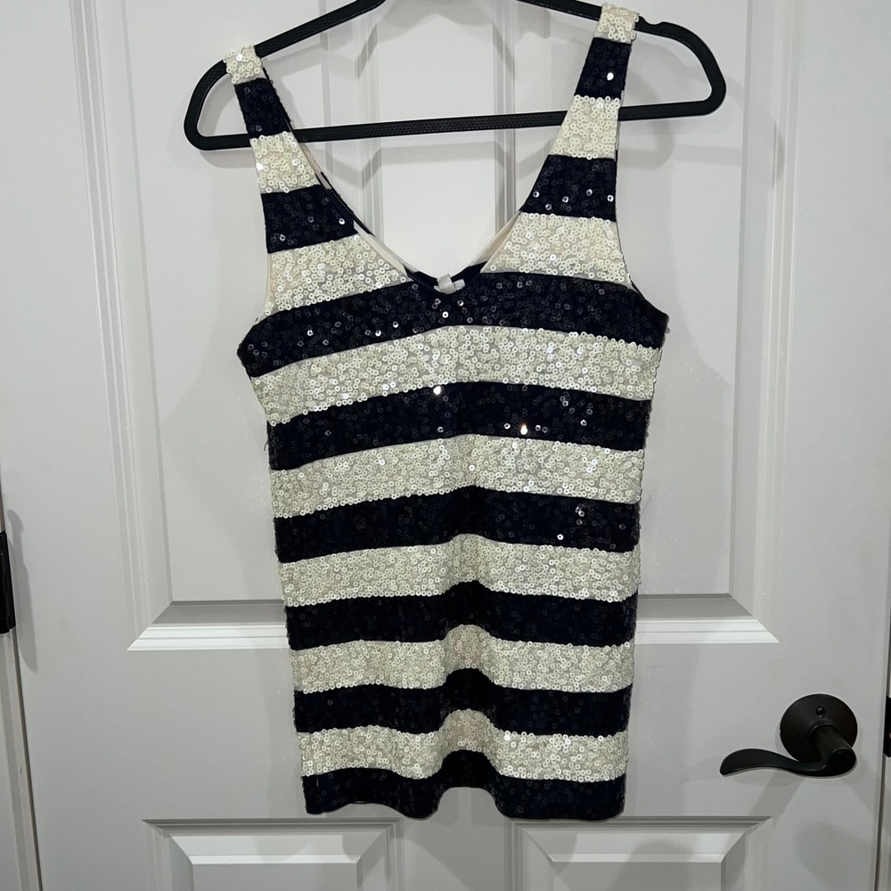 J. Crew V-Neck Sequined‎ Striped Tank Top Navy Ivory Size Small
